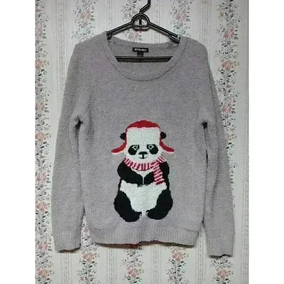 BYdesign Women Fuzzy Ugly Christmas XMAS Sweater Panda Sz L Gray - Picture 1 of 5